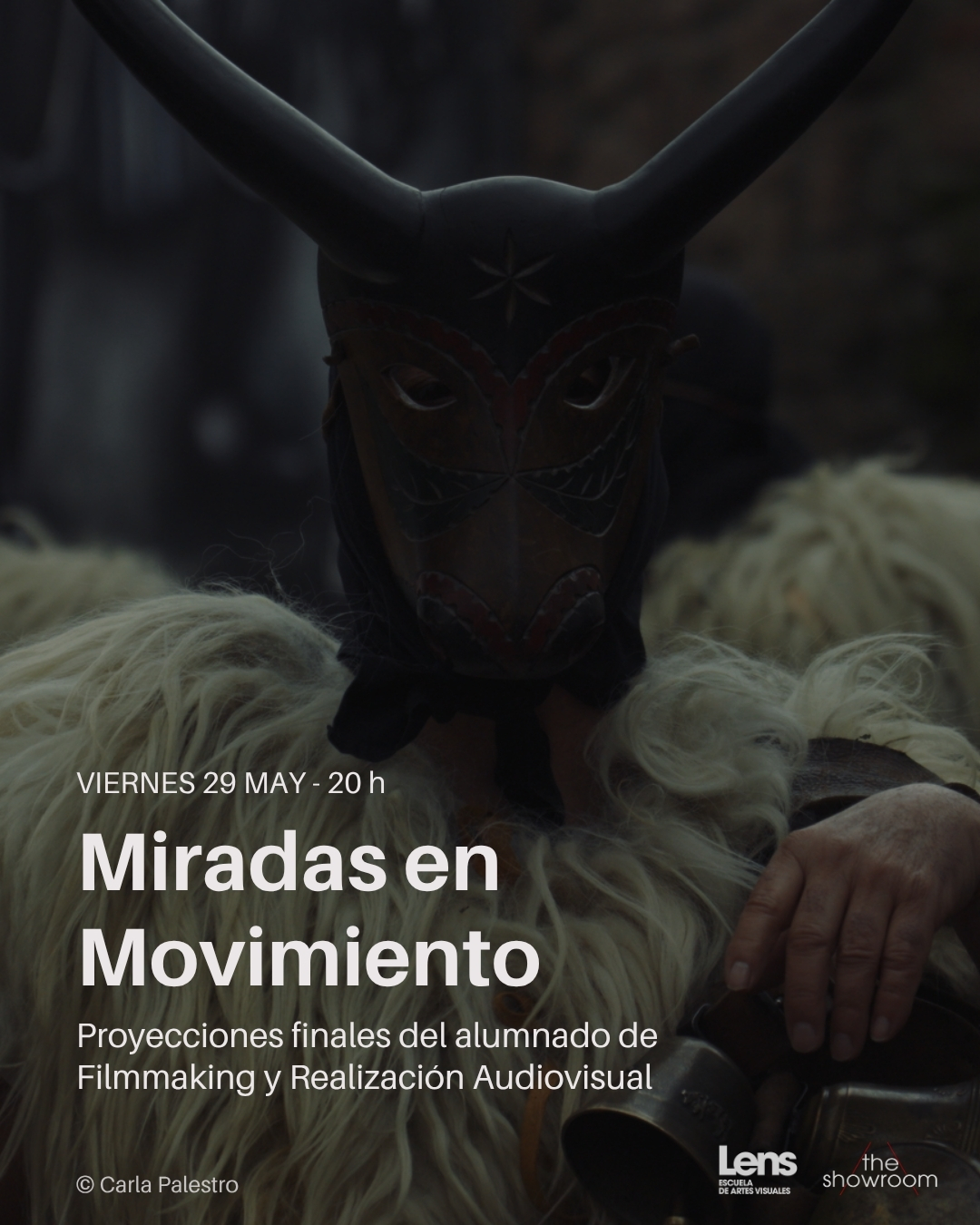 Cartel "Miradas en Movimiento" Proyección de los alumnos de Filmmaking - Lens Escuela